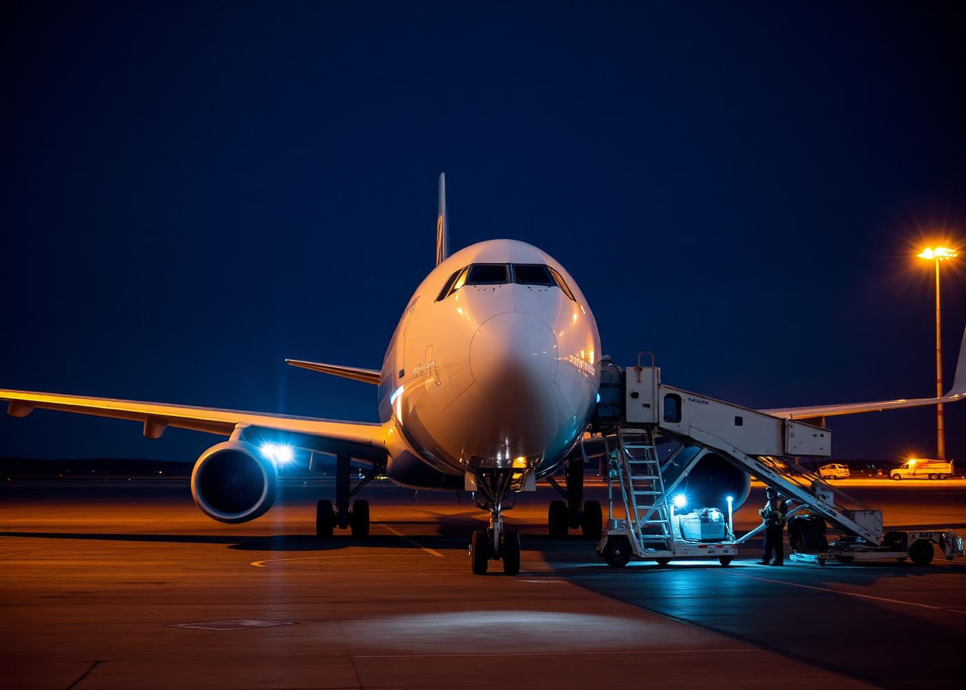Cargo aircraft on runway with air containers